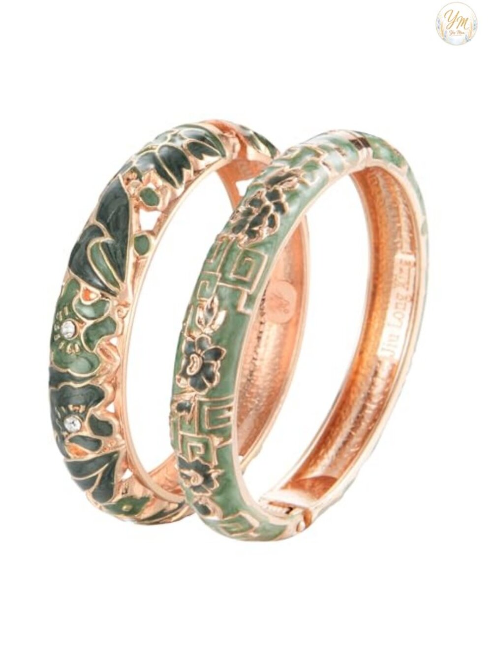 Cloisonne Enameled Rhinestone Rose Hinged Cuff Bracelet Bangle 2-Piece Set